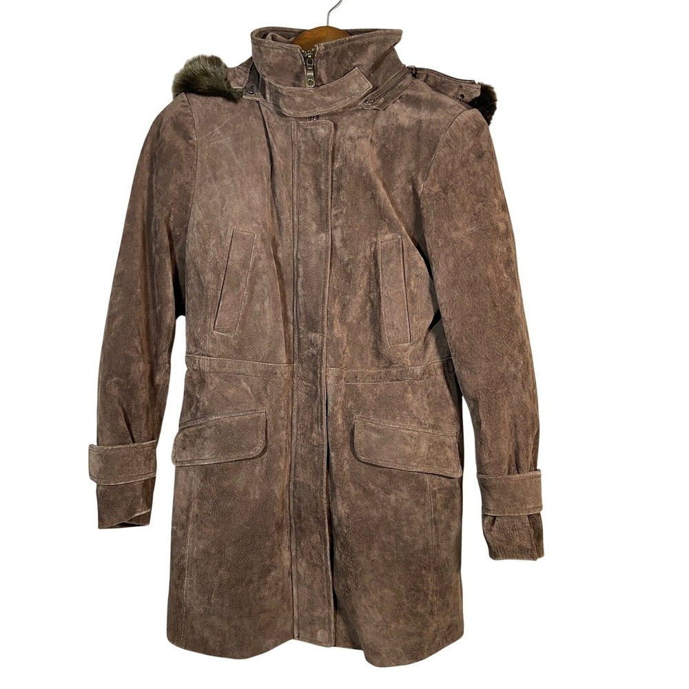 BGSD Womens Brown Suede Parka Jacket Fur Trim Hood Quilted Lined Coat M